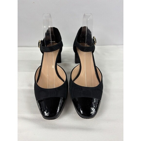 J Crew Millie Ankle Strap Heels Black Leather Moire 9 Block Heel - Picture 12 of 12